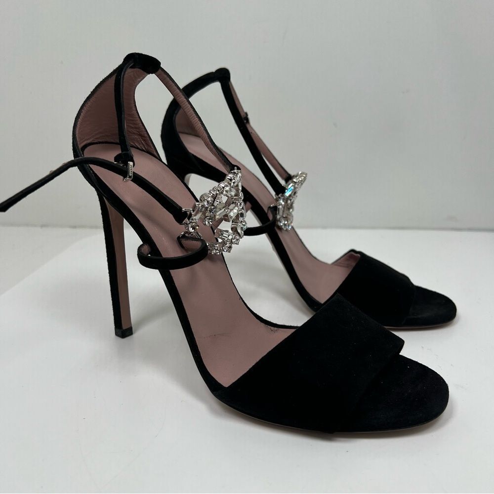 Gucci GG Sz 40.5 Black Suede Crystal Embellished GG Interlock Ankle Strap Heels